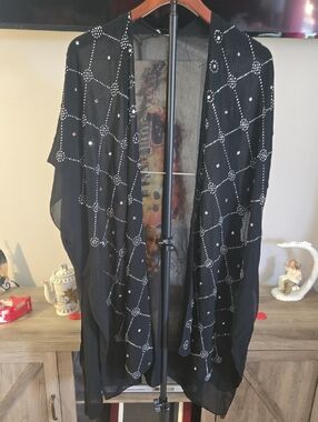 Women’s Black Stud Embellished Open-Front Kimono by